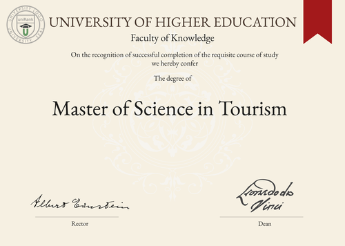 Master of Science in Tourism (MSc in Tourism) program/course/degree certificate example