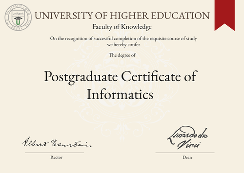 Postgraduate Certificate of Informatics (PGC Inf) program/course/degree certificate example