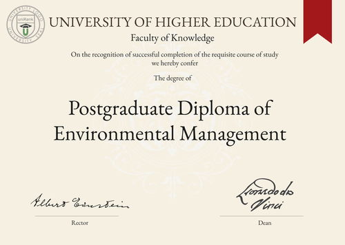 Postgraduate Diploma of Environmental Management (PGDipEnvMgmt) program/course/degree certificate example